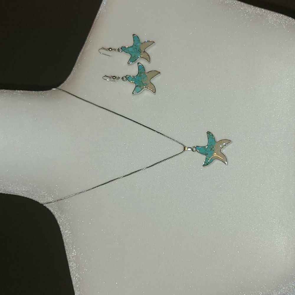 Teal Turquoise Sand Star Fish Necklace with Earrings